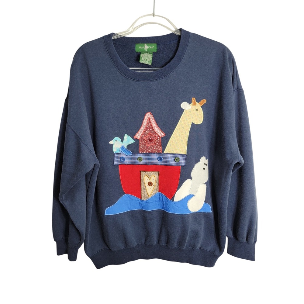 Hunt Club Womens L Vintage Sweatshirt Navy Blue Noahs Ark Applique Pullover